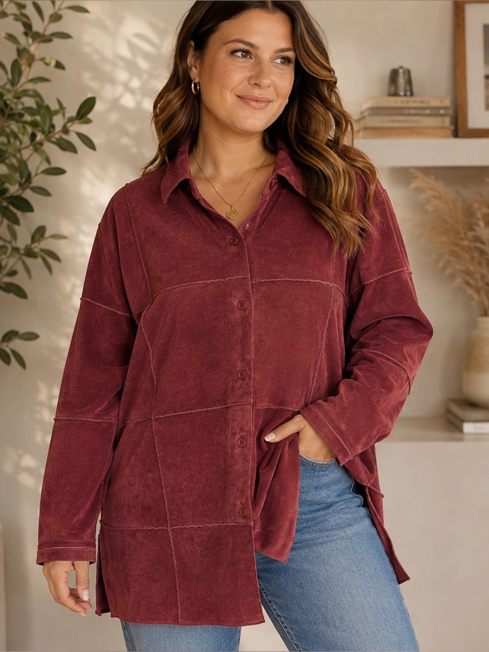 Jessica Holbrook 1X Genuine Leather Burgundy Patchwork Jacket